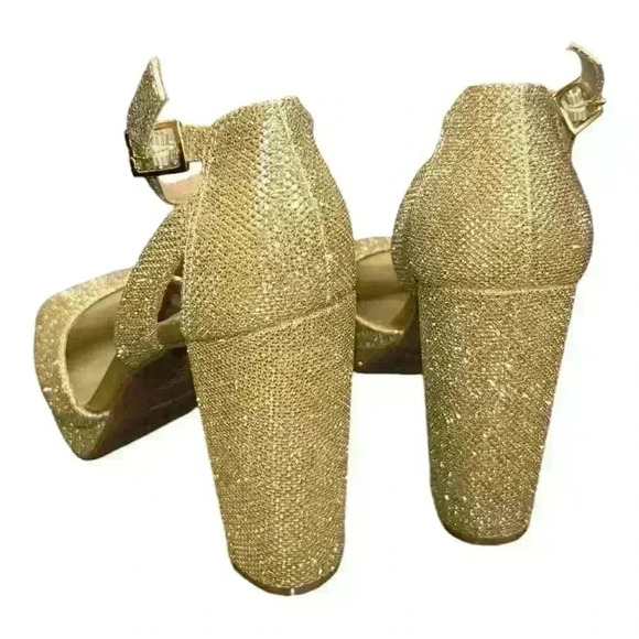 Brash Shoes Womens Sz 8.5 Gold Sparkle 4.5”High Heel Open Toe Strappy Platform - Picture 3 of 7